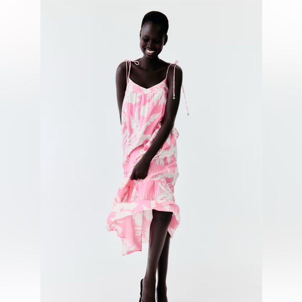Pink Tropical Print Slip Dress medium H&M